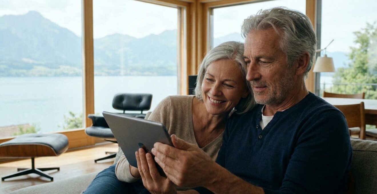 Couple genevois consultant une tablette pour comparer des agences immobilières dans leur salon lumineux