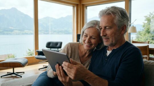 Couple genevois consultant une tablette pour comparer des agences immobilières dans leur salon lumineux