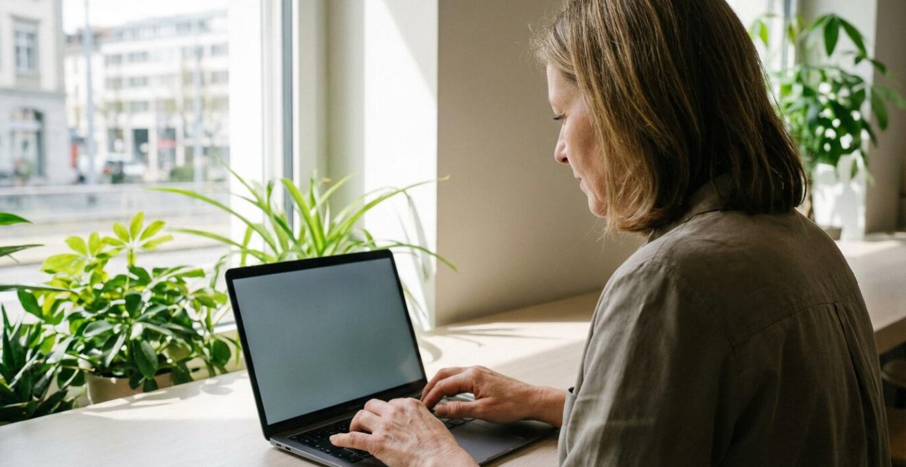 Femme consultant un ordinateur dans un café genevois pour comparer des agences immobilières