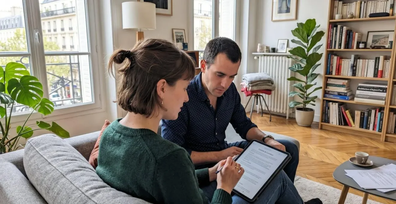 Un couple trentenaire assis côte à côte sur un canapé contemporain, regardant ensemble une tablette dans un salon lumineux aux tons neutres