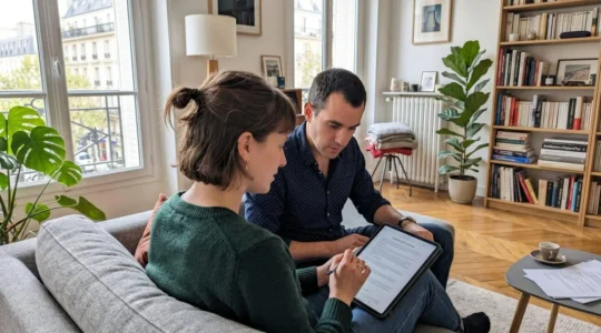 Un couple trentenaire assis côte à côte sur un canapé contemporain, regardant ensemble une tablette dans un salon lumineux aux tons neutres