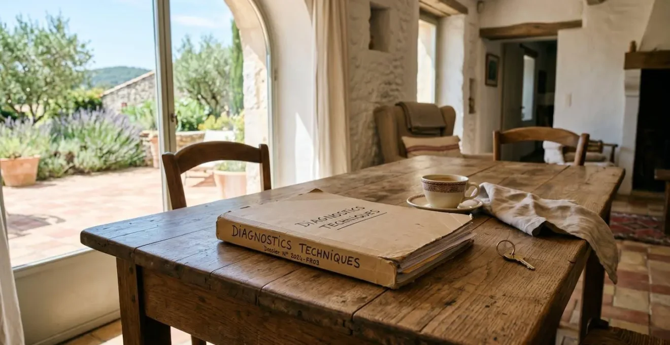Dossier de diagnostics techniques posé sur une table lors d'une visite de maison à louer