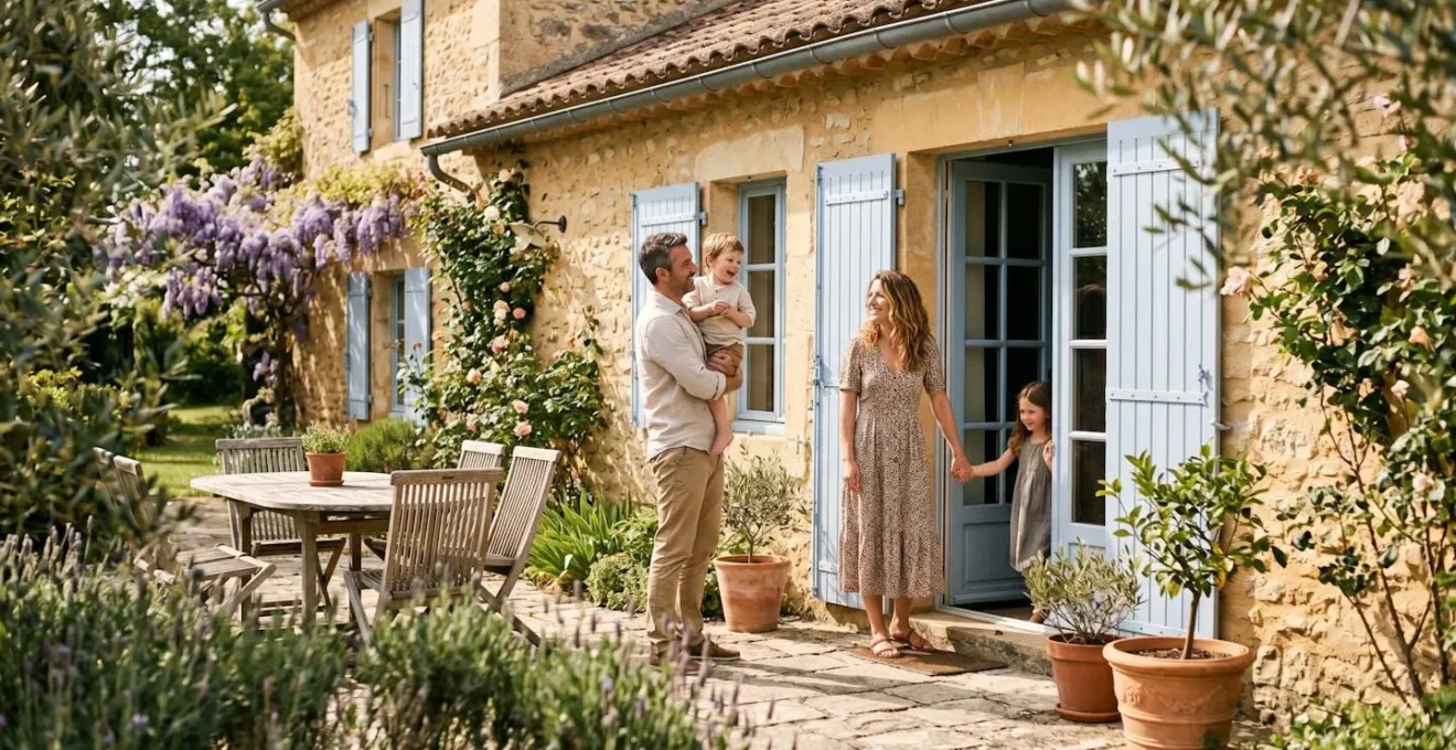 Famille visitant une maison avec jardin à Castelnaudary avant signature du bail