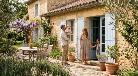 Famille visitant une maison avec jardin à Castelnaudary avant signature du bail