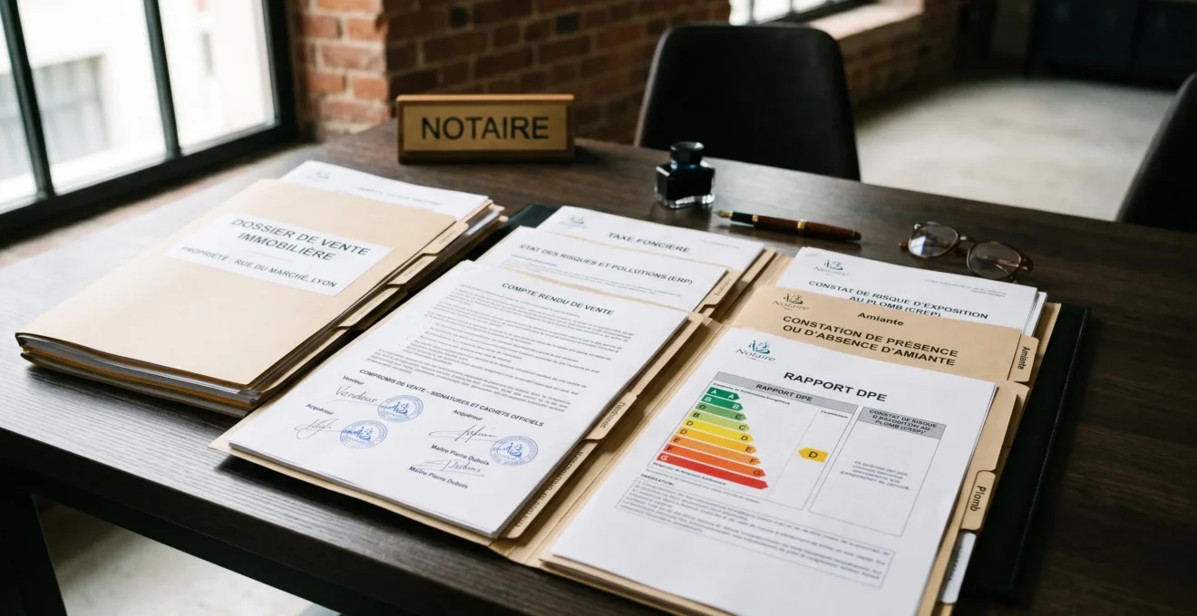 Dossier complet de vente immobilière avec diagnostics obligatoires et compromis sur bureau de notaire