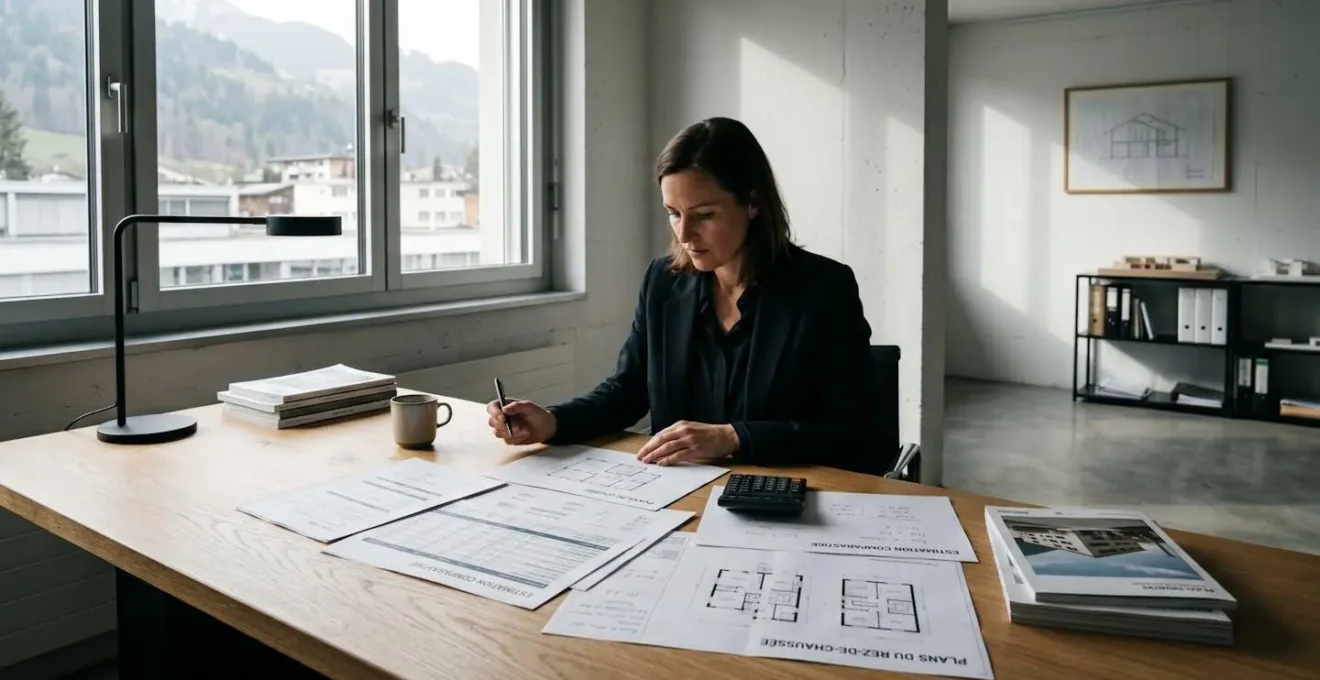 Négociateur immobilier analysant des documents de vente et estimations comparatives dans un bureau d'agence contemporain