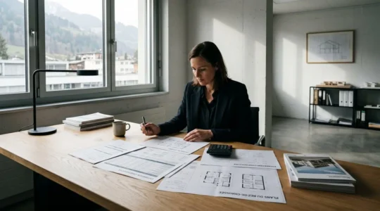 Négociateur immobilier analysant des documents de vente et estimations comparatives dans un bureau d'agence contemporain