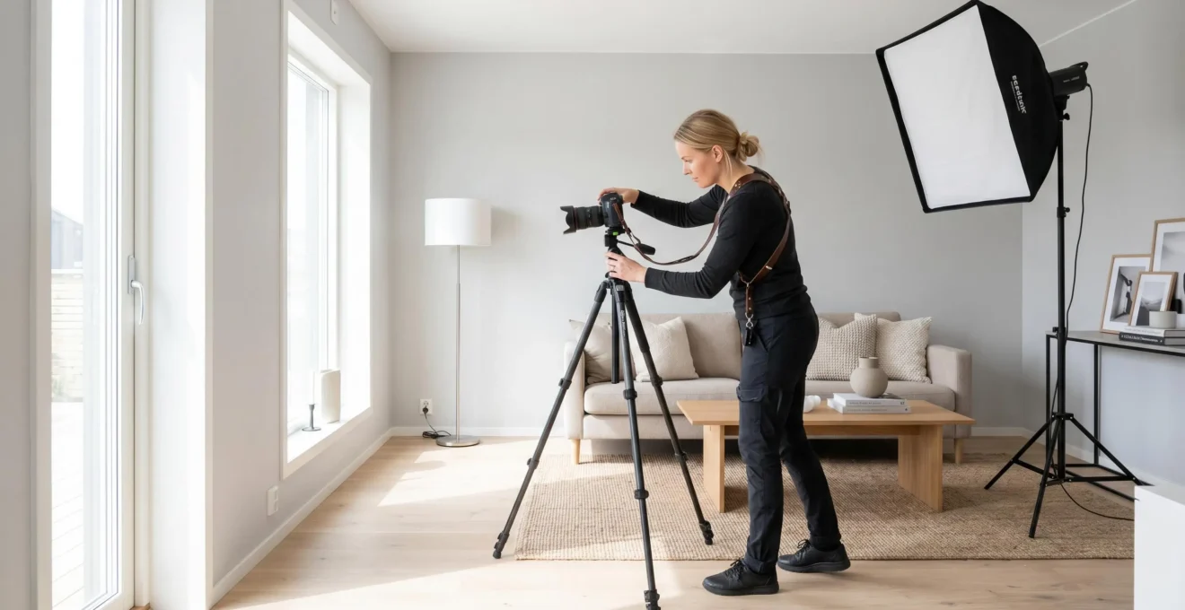 Photographe professionnel réalisant un reportage immobilier dans un salon contemporain avec éclairage optimisé