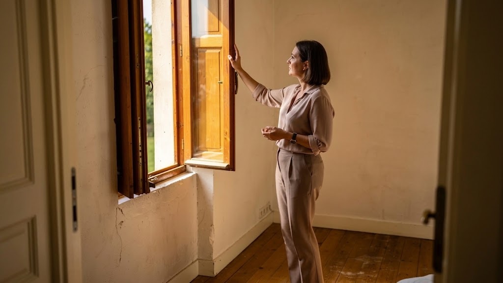 Experte immobilière inspectant l'état d'une fenêtre et des murs lors d'une visite d'expertise immobilière