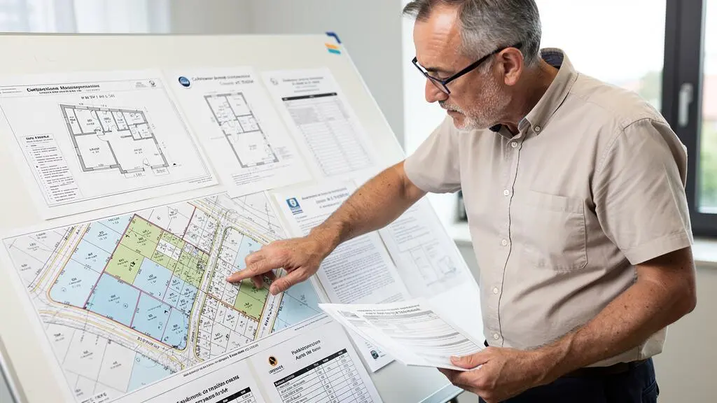 Expert immobilier consultant des plans cadastraux et documents techniques lors de la préparation d'un rapport d'expertise