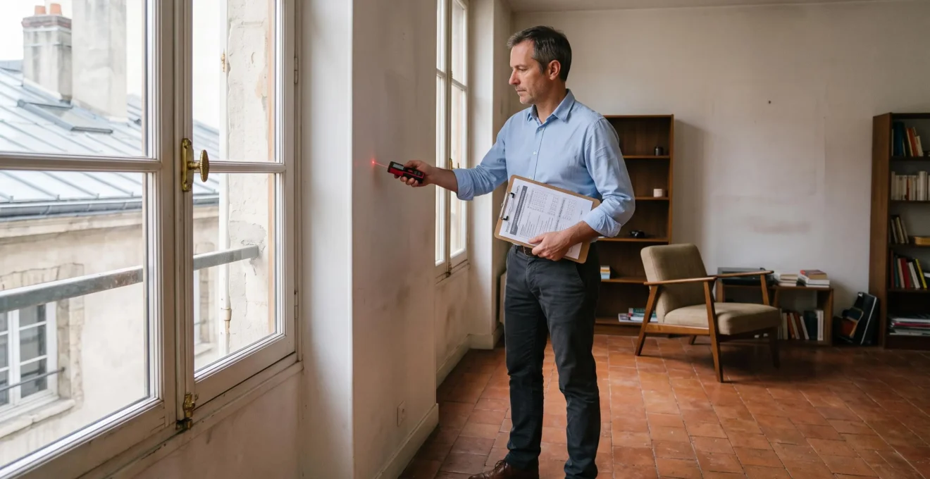 Expert immobilier mesurant les dimensions d'un appartement avec un télémètre laser lors d'une expertise de partage de biens
