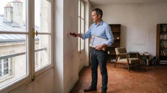 Expert immobilier mesurant les dimensions d'un appartement avec un télémètre laser lors d'une expertise de partage de biens