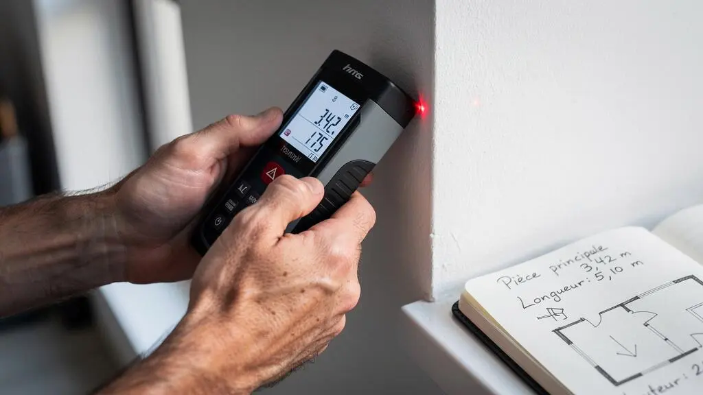 Mains d'un expert utilisant un télémètre laser professionnel pour mesurer précisément les dimensions d'une pièce
